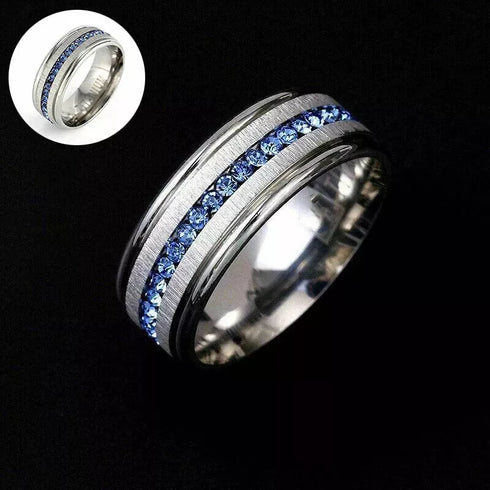 Men's 8mm Brushed Titanium Steel Blue Sapphire CZ Comfort-Fit Wedding Band